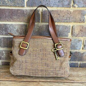 Fossil British Tan Tweed Shoulder Bag Purse Double Handle Brass Accents